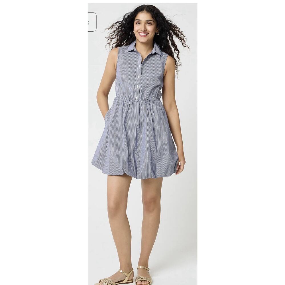 New! J.Crew Blue White Striped Button Down Bubble Hem Mini Dress Small/Med #75 - Picture 4 of 10